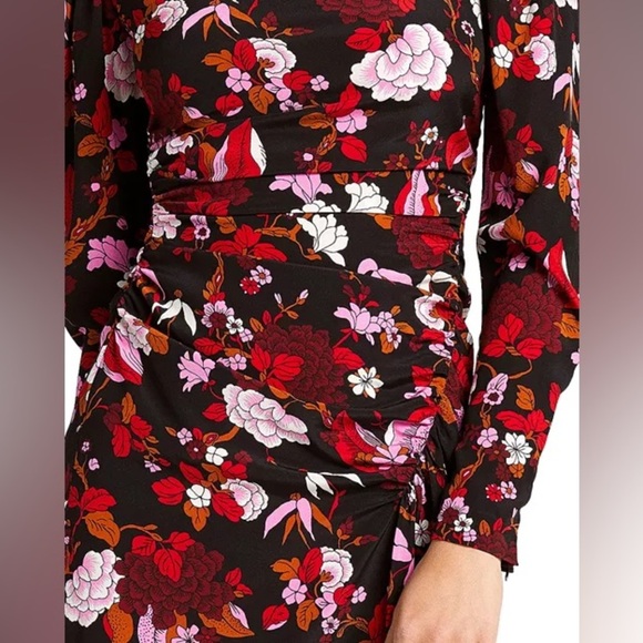 A.L.C. Marcel Floral Print Dress Black Red Silk Midi High Neck Long Sleeves - Picture 5 of 15